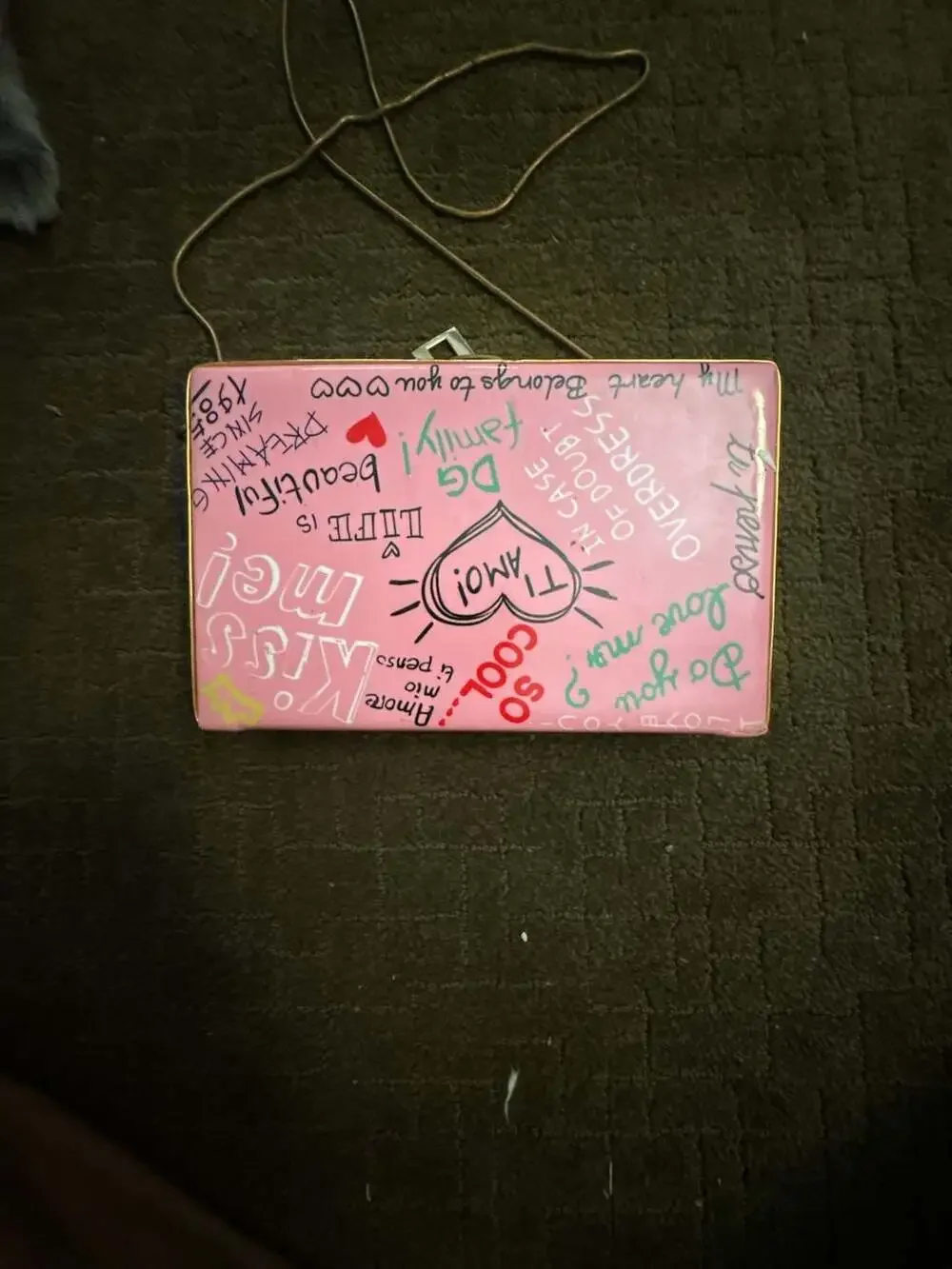 Pink Graffiti Print Hard Box Clutch Crossbody Shoulder Bag with Gold Chain and L